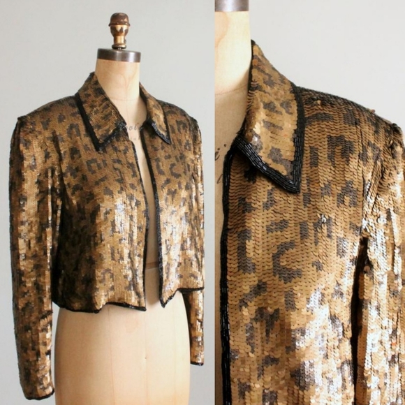 SOLD ❌ VTG 90s Silk Sequin Leopard Cropped Blazer - Picture 9 of 10